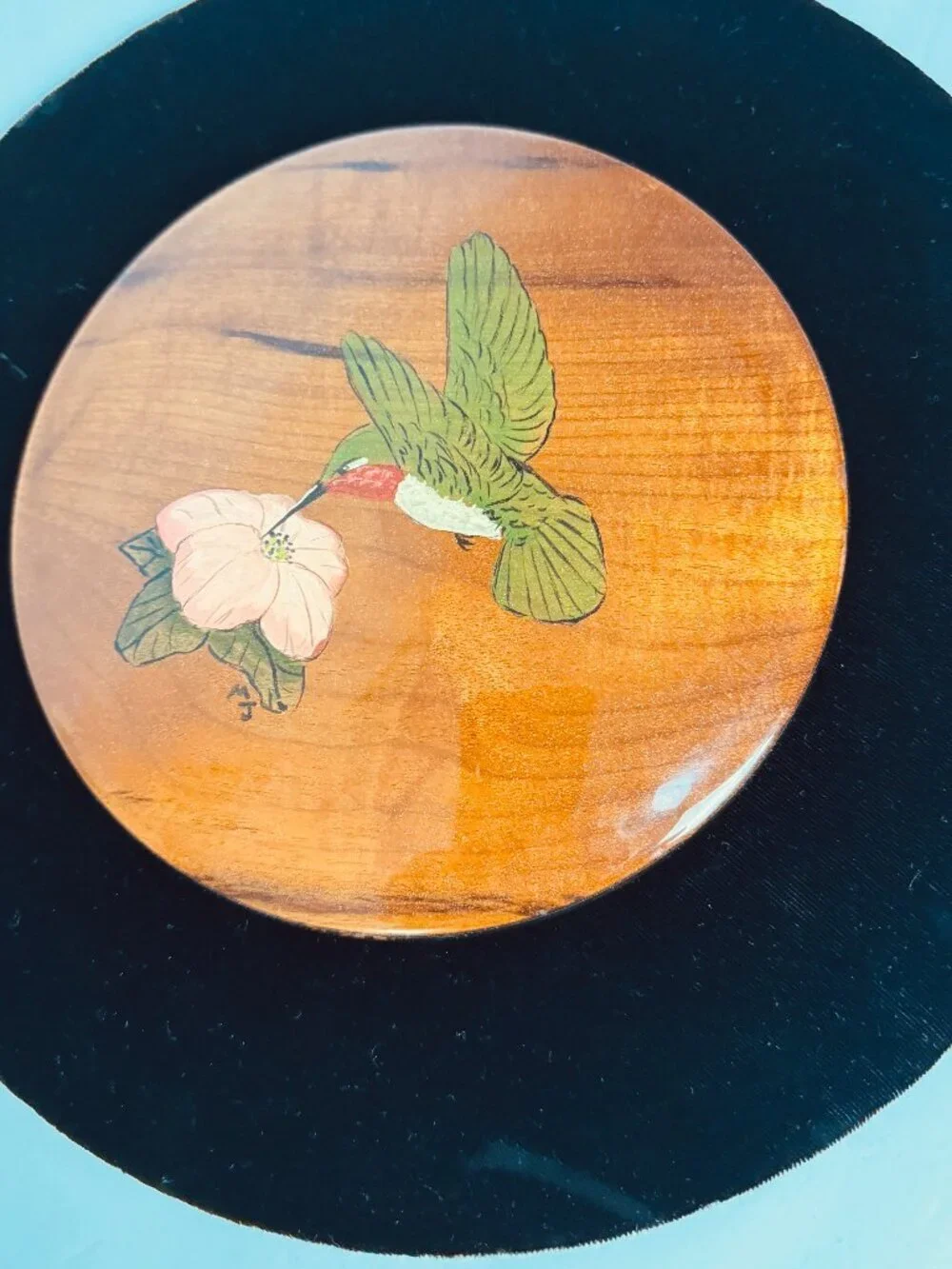 Vintage Myrtlewood Art Panel Plaque Hummigbird and Flower